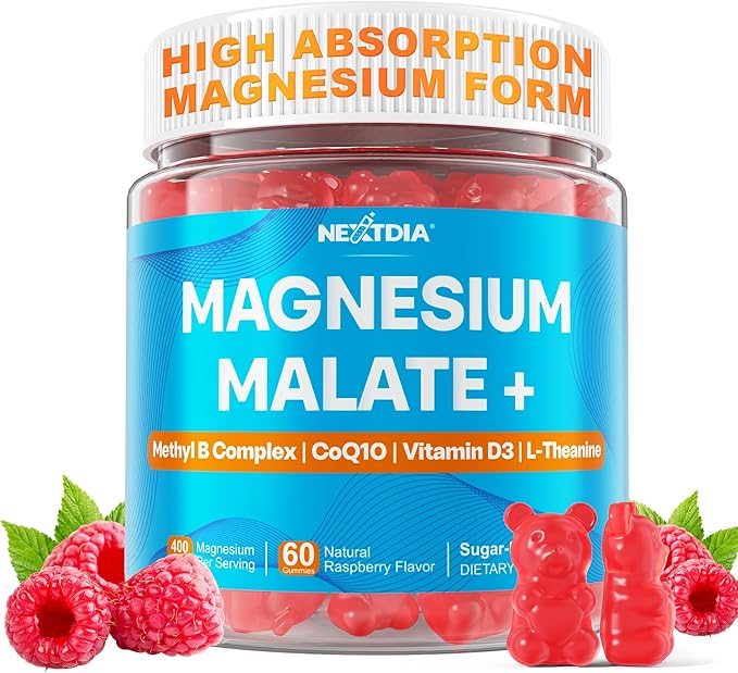 Nextdia Magnesium Malate Energy Gummies Plus L-Theanine CoQ10 Methyl B12 Methylfolate B6 &amp D3-400mg Magnesium Gummy Sugar Free for Women Men Supports Muscle Function Calm &amp Relax Vegan