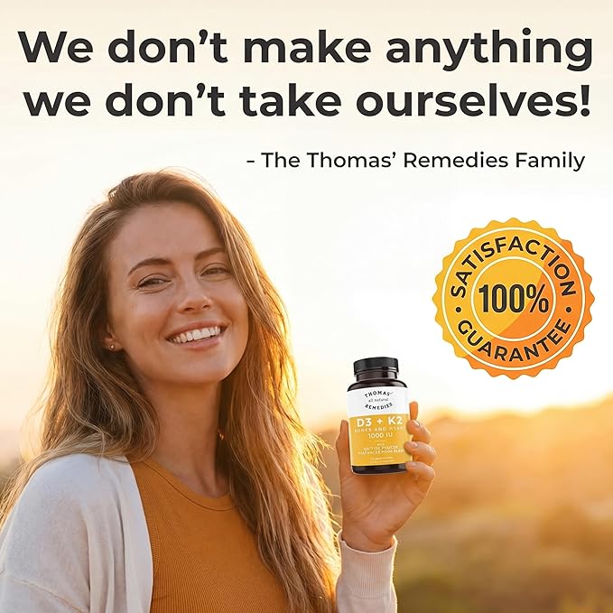 Thomas' all-natural Remedies D3 + K2 with MCT Oil for Better Absorption &amp Raw Whole Food Blend 1000 IU D3 Vegan Made in USA Support for Your Heart Bones &amp Teeth Non-GMO (120ct)