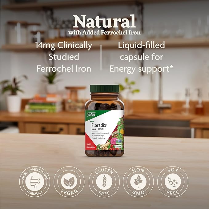 Floradix Iron + Herbs - Iron Supplement for Healthy Energy Support* - Supports Red Blood Cell Formation - Vegan Non-GMO Gluten-Free Soy-Free - 120 Liquid Phyto-Caps
