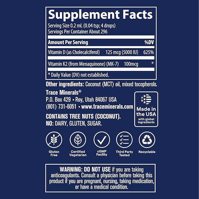 Trace Minerals | Liquid Ionic Vitamin D3 + K2 | 125 mcg (5000 IU) D3 100 mcg K2 | Concentrated Dietary Supplement | 2 fl oz. 296 Servings