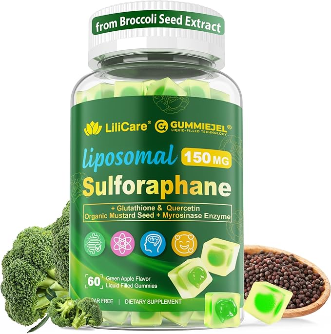 Liposomal Sulforaphane Supplement 150mg from Broccoli Seed Extract w/Myrosinase Quercetin Glutathione Sulforaphane Supplement Gummies for Antioxidants Detox Cellular Brain Health Chewable 60Cts