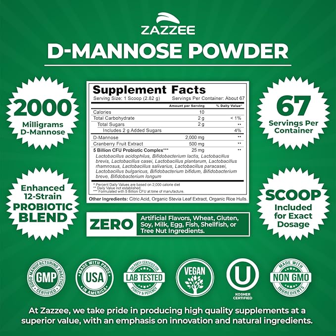 Zazzee D-Mannose Powder Plus 2000 mg 67 Servings Plus 5 Billion CFU Probiotics and Pure Cranberry Juice Extract Certified Kosher Free Scoop 6.67 oz Urinary Tract Support Non-GMO All-Natural