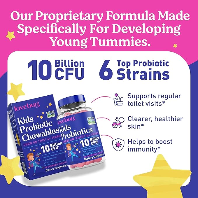 LOVEBUG Probiotics for Kids – Probiotic Chewables with Prebiotic Fiber for Age 4+ Daily Children's Gut Health Constipation Digestive &amp Immune Support Supplement Sugar-Free Berry Flavor 60 ct