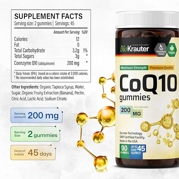 BIO KRAUTER® CoQ10 200mg for Energy Production - Coenzyme Q10 for Antioxidant &amp Daily Wellness - Vegan 90 CoQ10 Gummies 45-Day Supply - Non-GMO Banana Flavor