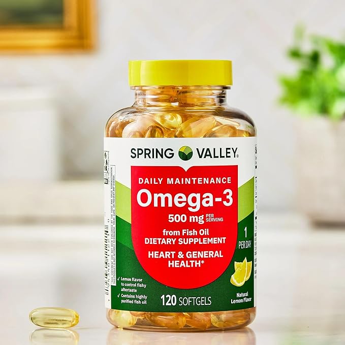 SUREFECT Spring Valley Omega-3 Fish Oil 500mg Softgels - 120 Count Lemon Flavor - Heart &amp General Health Support* - High EPA/DHA Burpless Formula Organizer