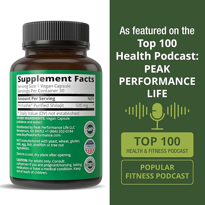 PrimaVie Purified Shilajit Capsules Made with Pure Shilajit Powder. Clinically Tested Natural Supplement with 40+ Trace Minerals Fulvic Acid. Tablets Support Mitochondria + Brain Function