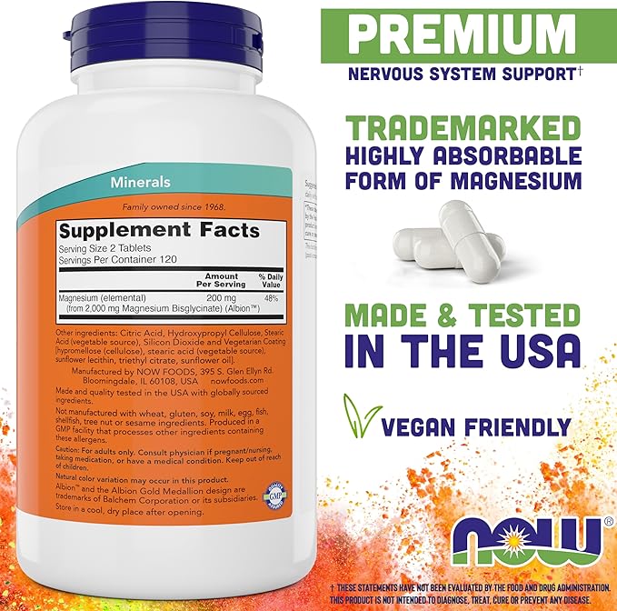 Now Foods Magnesium Glycinate 240 Tablets (Pack of 2) - Supports Healthy Muscle and Nerve Functions - Non-GMO