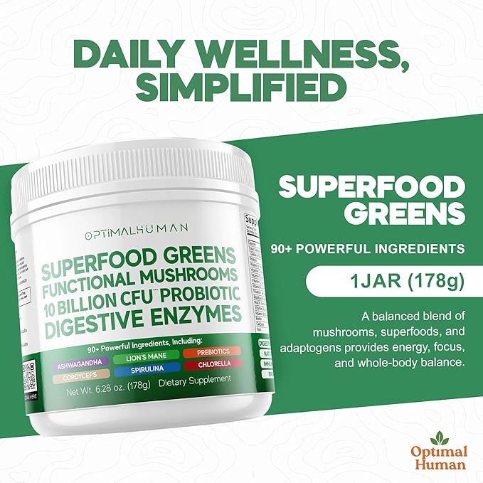 Optimal Human Superfood Greens Powder – 90+ Ingredient Blend with Lion’s Mane Supplement Ashwagandha &amp Turmeric – Non-GMO Soy-Free Mushroom Supplements for Women - 6.28 oz
