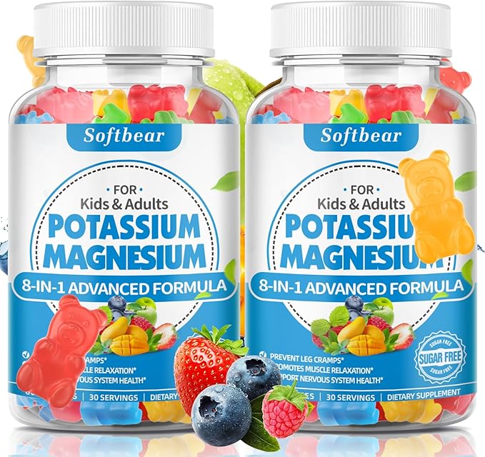 softbear Sugar Free Potassium Magnesium Gummies for Adults Kids High Absorption Potassium Supplement Gummies Supports Leg Cramps &amp Muscle &amp Immune Health Delicious Mixed Fruit Flavor 120 Cou