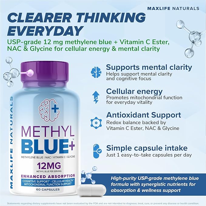 MaxLife Naturals Pure Methylene Blue Capsules Ultimate Methylene Blue Pharmaceutical USP - Grade 12mg 60 Capsules with Vitamin C Ester &amp NAC Glycine Supports Cellular &amp Cognitive Function Mad