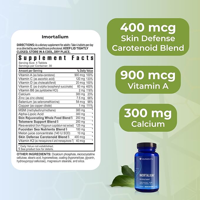 Youngevity Imortalium® - Anti-Aging Telomere Health Fucoxanthin Carotenoid Blend Fucoidan Blend MSM Glutathione Skin Rejuvinating Blend + 12 Whole Foods 120 Tablets (Pack of 1)