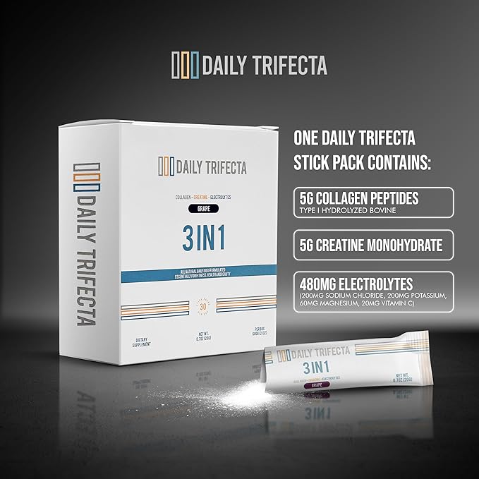 DAILY TRIFECTA 3-in-1 Collagen Creatine &amp Electrolyte Stick Packs | Type I Collagen Creatine Monohydrate Zero Sugar | 30 Natural Single-Serve Packets | Strength Hydration &amp Recovery (Unfla