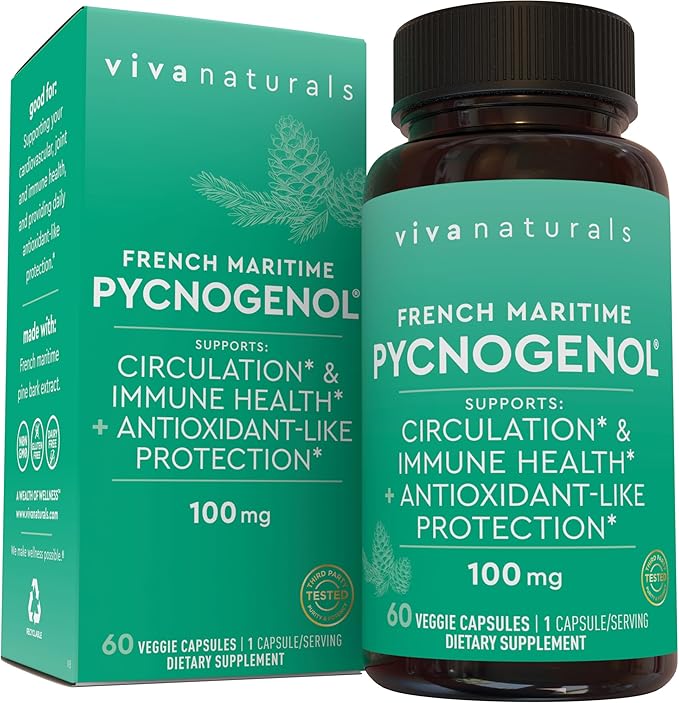 Viva Naturals Pycnogenol - 100mg French Maritime Pine Bark Extract – Supports Circulation Antioxidant-Like Activity Joints &amp Immune Health and Function – 60 Veggie Capsules
