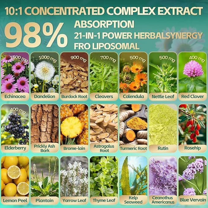 21-in-1 Liposomal Lymphatic Drainage Supplements 200 Day Supply 6000mg Lymph System Support for Women &amp Men with Echinacea Dandelion Burdock Bromelain Calendula Turmeric &amp More 2 Bag