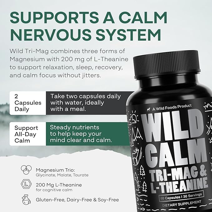 Wild Foods 3 in 1 Magnesium Glycinate L Theanine for Calm Sleep &amp Muscle Relaxation - Glycinate Malate Taurate - 100% Natural Magnesium Complex for Women and Men - 60 Capsules