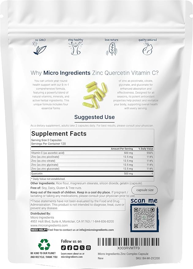 Micro Ingredients Quercetin with Vitamin C and Zinc 240 Capsules | Quercetin 500mg Vitamin C 500mg Zinc 50mg (Picolinate Citrate Glycinate Gluconate) | Complete Immune Support Supplements
