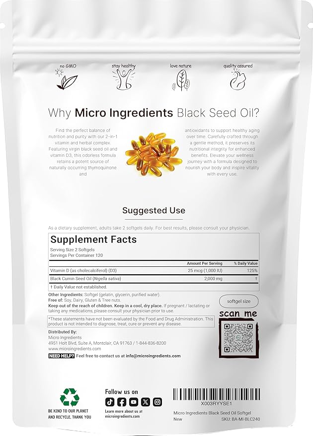 Micro Ingredients Black Seed Oil with Vitamin D3 1000 IU 240 Softgels | 2000 mg Black Seed Oil Per Serving | Nigella Sativa Oil | 2-in-1 Unrefined Seed Oil Formula | Non-GMO cGMP Manufactured