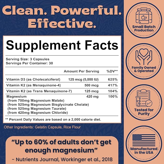Magnesium Complex 420mg with Vitamin D3 K2 - Four Bioavailable Forms Including Bisglycinate (Glycinate) Malate Taurate and Chloride for Superior Absorption - 90 Capsules Made in USA