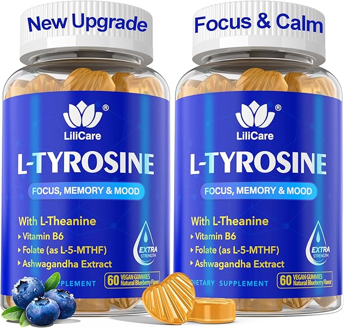 L Tyrosine Calm &amp Focus Supplement Gummies 1100mg for Adults L-Tyrosine Brain Supplement Gummies w/ L-Theanine Ashwagandha Vitamin B6 &amp B9 Supplements for Memory Mood Relax Energy -Vegan