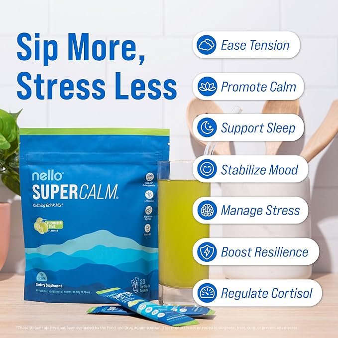 Nello Supercalm Powdered Drink Mix Cortisol Reducer and Sleep Aid Supplement L Theanine Ksm-66 Ashwagandha Magnesium Glycinate Vitamin D 3 No Sugar Non GMO On The Go 20 Ct Cucumber Lime