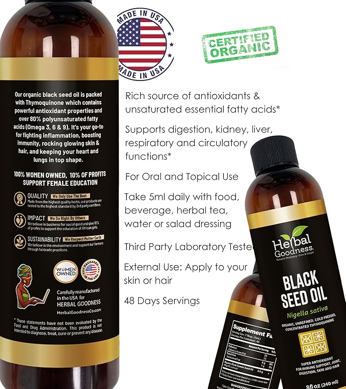 Black Seed Oil - Organic Cold Pressed Nigella Sativa Black Cumin Seed Oil with Thymoquinone Blackseed Liquid for Health Hair Growth &amp Skincare 8 fl. oz | Herbal Goodness