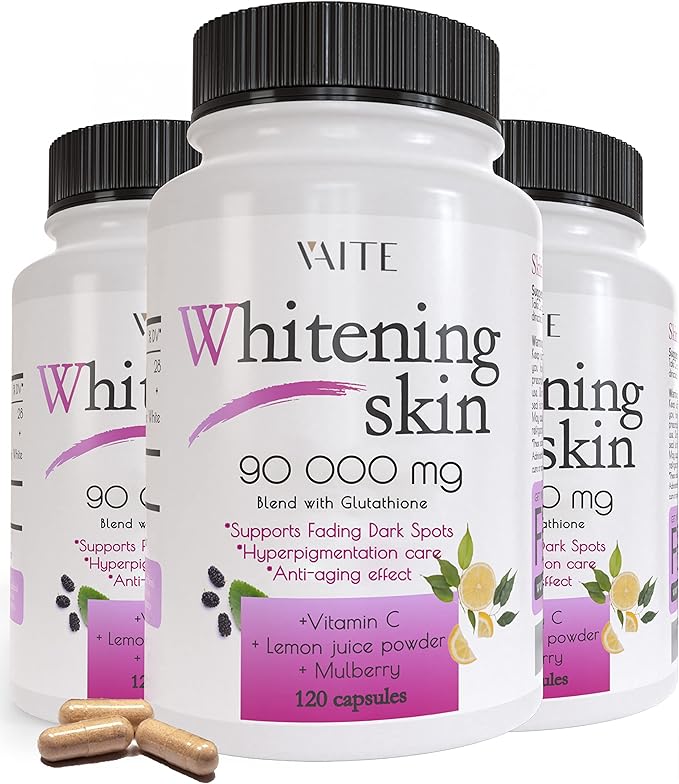 VAITE Glutathione Whitening Pills - Dark Spots &amp Acne Scar Remover - 90000mg - Vegan Skin Bleaching Pills with Anti-Aging &amp Antioxidant Effect - 120 Capsules (3 Pack)