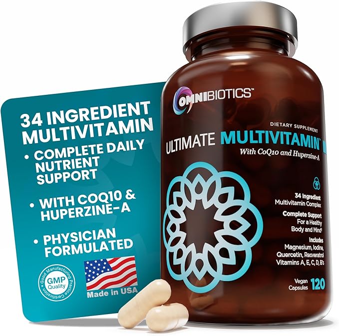 OmniBiotics Ultimate Daily Multivitamin for Women &amp Men – 34 Essential Ingredients Including Vitamin A C D E B6 B12 Biotin Zinc – 120 Vegan Capsules