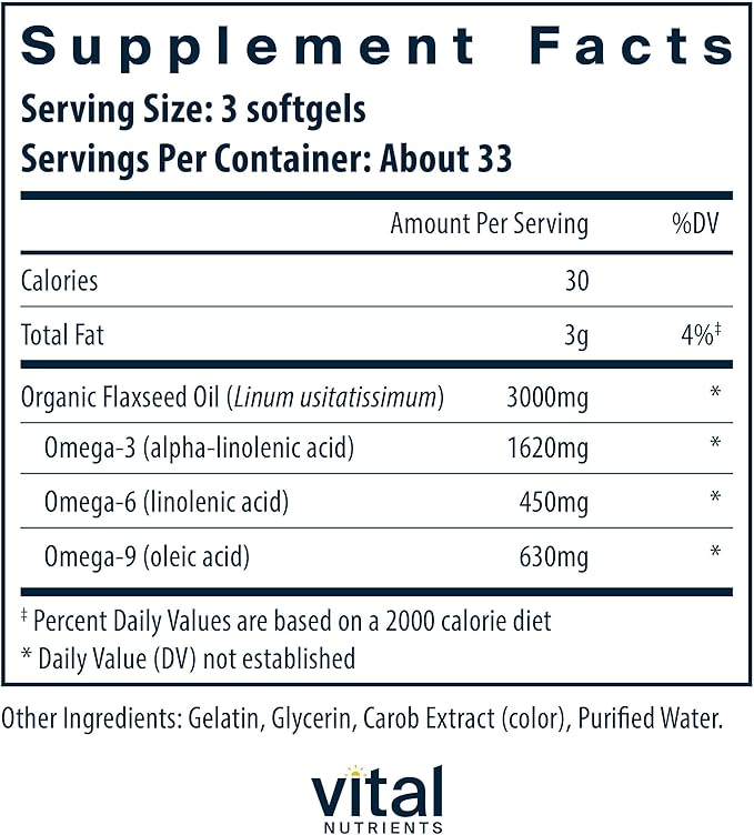 Vital Nutrients Flax Seed Oil 3000mg - Cold Pressed Flax Oil with high Concentration of ALA for Heart Health* - Gluten Dairy and Soy Free - Non-GMO - 100 Softgels