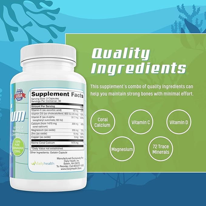 Daily Health - Pure Okinawa Coral Calcium - Marine-Grade Supplement with 72 Trace Minerals - 1475mg 540 Vegetable Capsules (6 Month Supply)