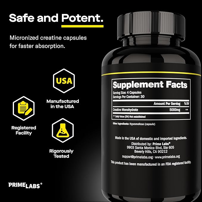 Prime Labs Creatine Monohydrate Capsules - 5g (5000mg) - Muscle Growth Recovery Brain Function - for Men &amp Women - 120 Count