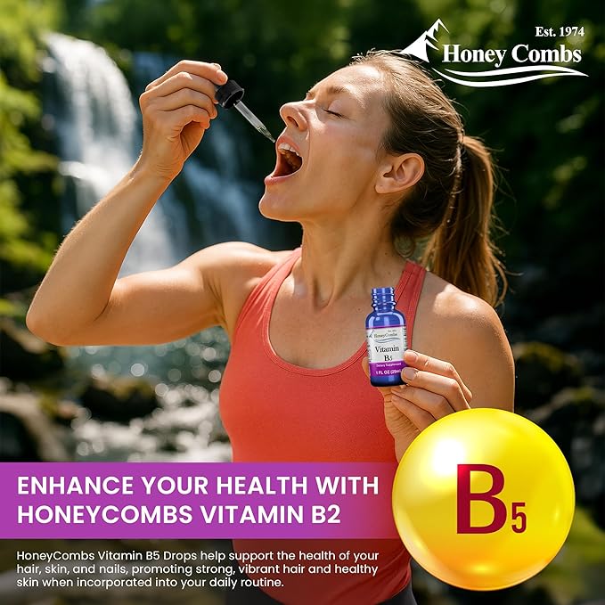 HoneyCombs Vitamin B5 Pantothenic Acid Supplement Liquid Drops - High Potency Vitamin B5 for Men &amp Women - Maintain Healthy Hormones Immune System Hair Skin Nails - Vegan Liquid Vitamins (8 Fl
