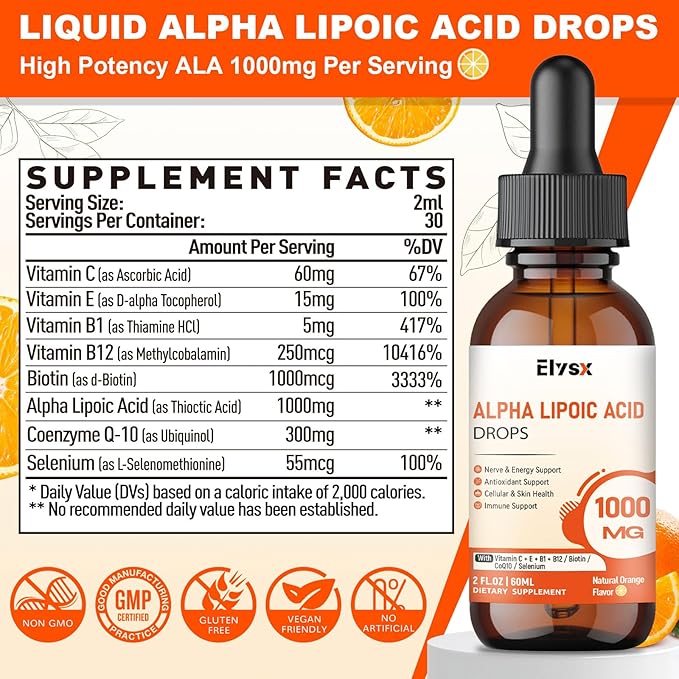 Alpha Lipoic Acid Liquid Drops 1000mg ALA Supplement for Nerve and Antioxidant Support with Biotin Natural Orange Flavor 2FL OZ