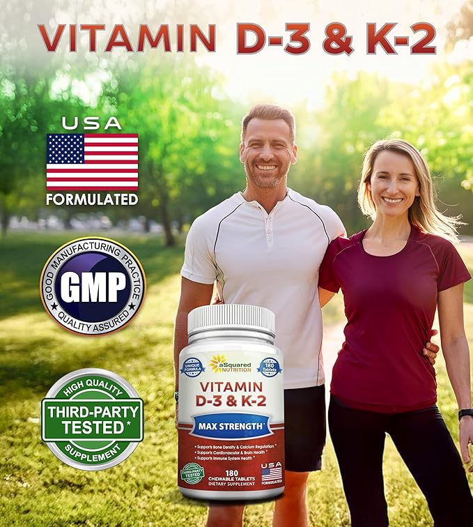 aSquared Nutrition Vitamin D3 with K2 Supplement-180 Chewable Tablets Max Strength D-3 Cholecalciferol &amp K-2 MK7 to Support Healthy Bones Teeth Heart -Antioxidant D3 &amp K2 MK-7 Energy Formul