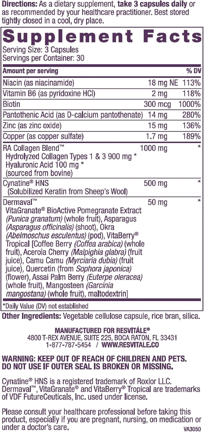 ResVitale Beauty 3 - Skin Care Supplement with Collagen Keratin &amp Elastin - 90 Capsules &amp Resveratrol 250 mg - Resveratrol Supplement for Men and Women - 120 Veggie Capsules