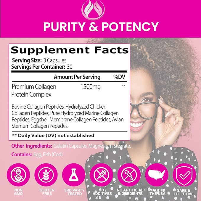 Collagen Pills - Beautify Multi Collagen Complex Capsules Type I II III V X | Extra Strength Hydrolyzed Collagen Peptides Supplements. Hair Skin Nails Vitamins 1800mg Collagen Capsules (1)