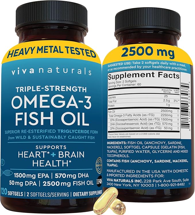 Viva Naturals Omega 3 Fish Oil Supplement for Women and Men - 2500 mg Triple Strength Fish Oil Pills with Re-Esterified Omega 3 Fatty Acids Including EPA DHA DPA - 120 Pescatarian-Friendly Softgels