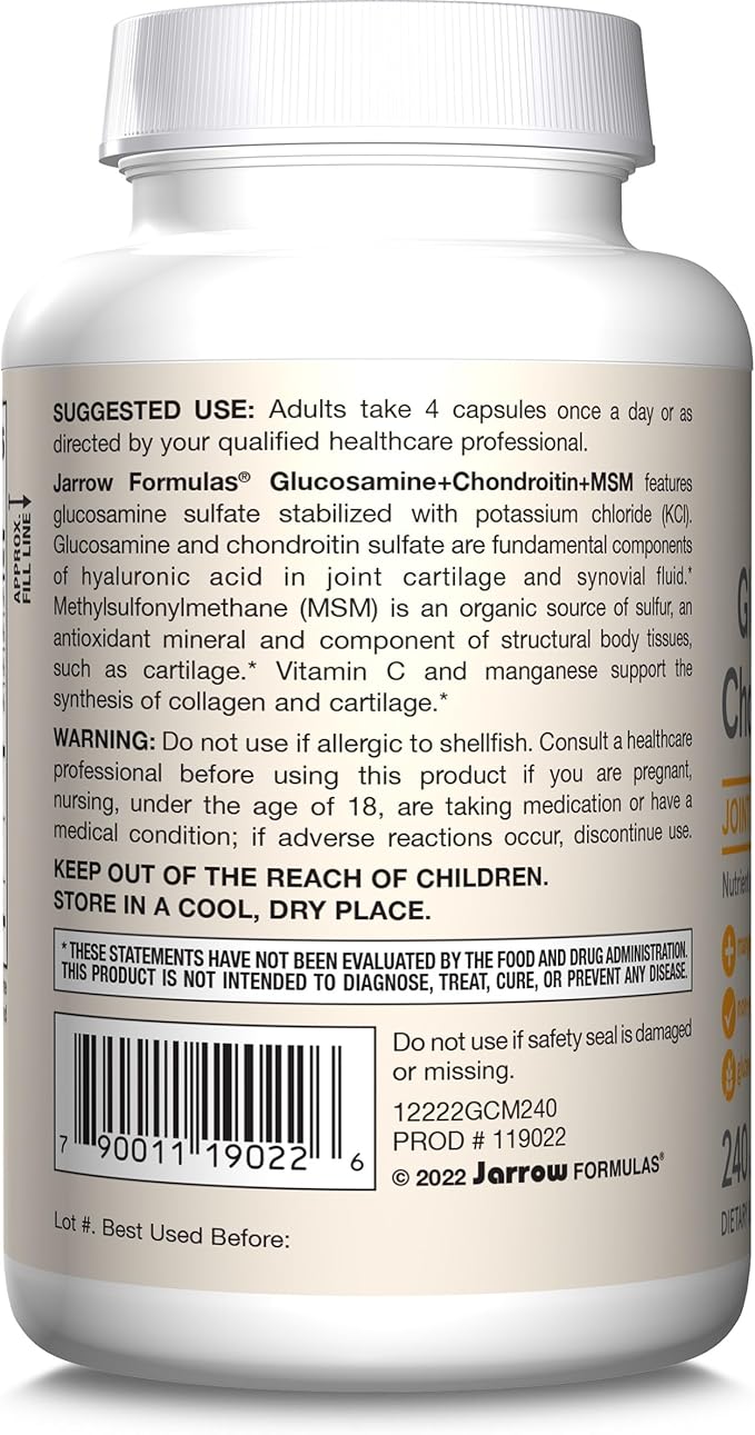 Jarrow Formulas Glucosamine + Chondroitin + MSM Capsules Joint Support Supplement with Vitamin C and Manganese 240 Capsules 60 Day Supply Pack of 12