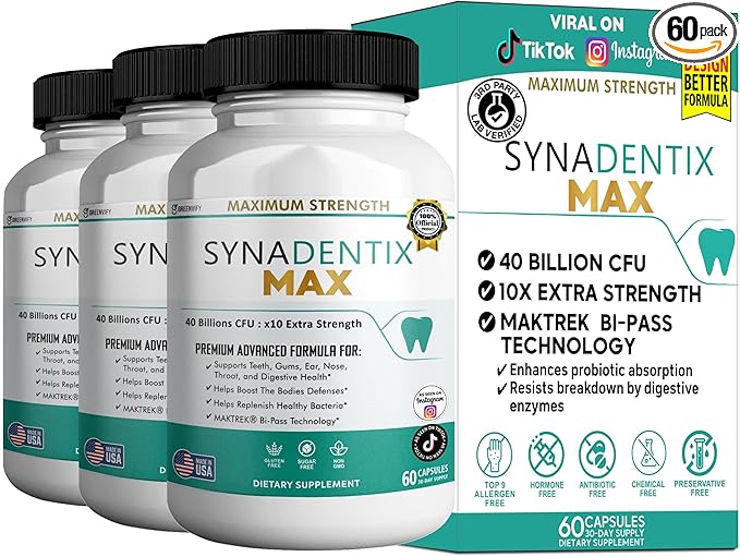 SynaDentix Max Probiotic Supplement 40 Billion CFU MAKTREK Bi-Pass Technology 60 Capsules 30-Day Supply (3)