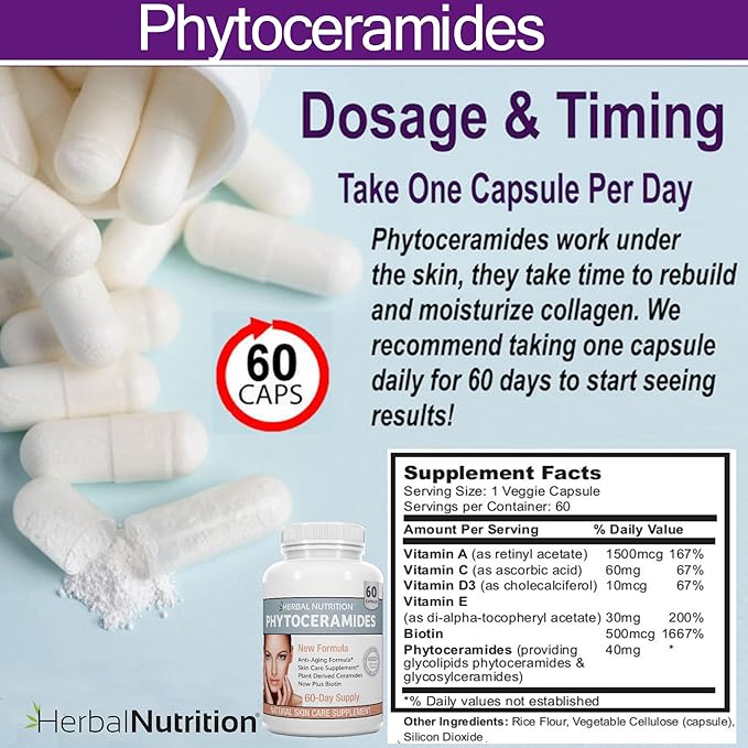 Phytoceramides Rice Based with Biotin Anti Aging Supplement Wrinkle Remover and Facial Moisturizing with Phytoceramides Vitamin A C D and E Two Bottle Pack 120 Capsules 40mg Gluten Free