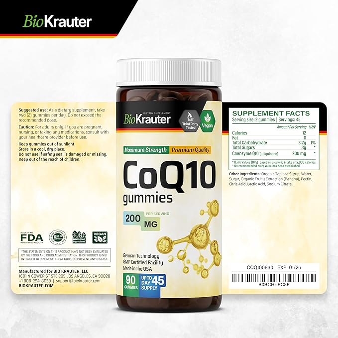 BIO KRAUTER® CoQ10 200mg for Energy Production - Coenzyme Q10 for Antioxidant &amp Daily Wellness - Vegan 90 CoQ10 Gummies 45-Day Supply - Non-GMO Banana Flavor