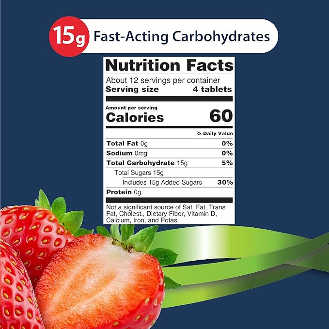 TRUEplus Glucose Tablets Chewable Strawberry Flavor 15g Fast-Acting Carbohydrates Fat Free Gluten Free Raise Low Blood Sugar and Boost Energy 50 Count 6 Bottles