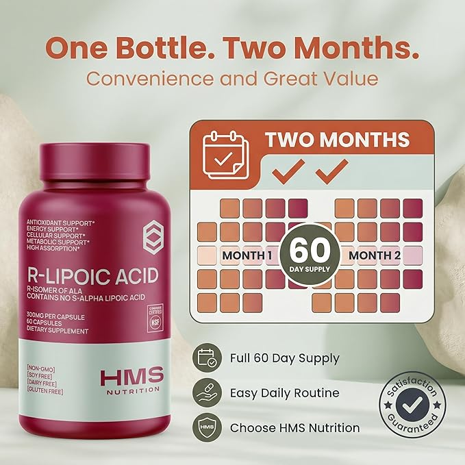 HMS Nutrition Stabilized R-Lipoic Acid 300 mg per Serving — Pure R Alpha Lipoic Acid (R-ALA) High Potency Active R Isomer Antioxidant Nerve &amp Metabolism Support — NSF Certified Non-GMO Vegan 60Cap