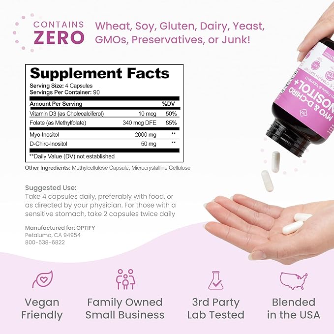 Optify Inositol Supplement for Women – 90-Day Supply – Myo-Inositol and D-Chiro Inositol with Folate and Vitamin D – 40:1 Ratio – Hormone Balance &amp Ovarian Support - 360 Capsules