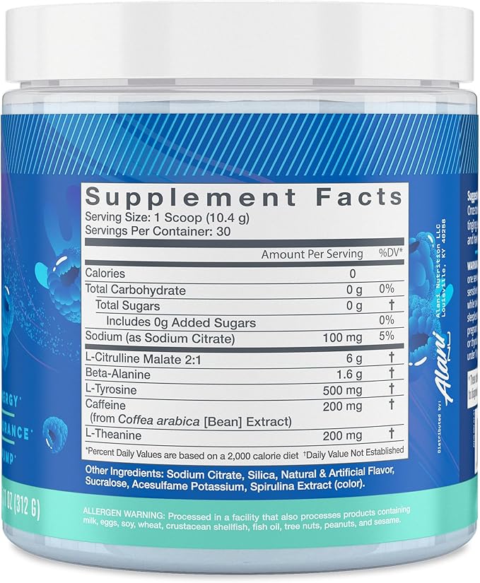 Alani Nu Pre Workout Powder BREEZEBERRY Amino Energy Boost Endurance Supplement Sugar Free 200mg Caffeine L-Theanine Beta-Alanine L-Citrulline 30 Servings