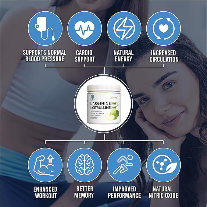 L-Arginine 5000mg + L-Citrulline 2000mg Complex Powder Supplement Drink Mix - Nitric Oxide Booster for Heart Health Blood Flow &amp Energy - 30 Servings (Green Apple)