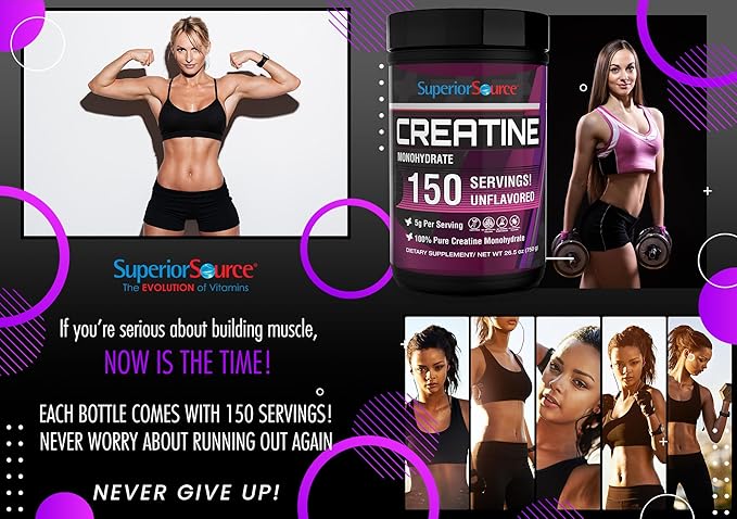 Superior Source Creatine Monohydrate 750G 5000mg Per Serv (5g) - 150 Servings 26.5 oz Muscle Growth Enhanced Strength Supports Post-Workout Recovery Ideal for High-Intensity Training Non-GMO