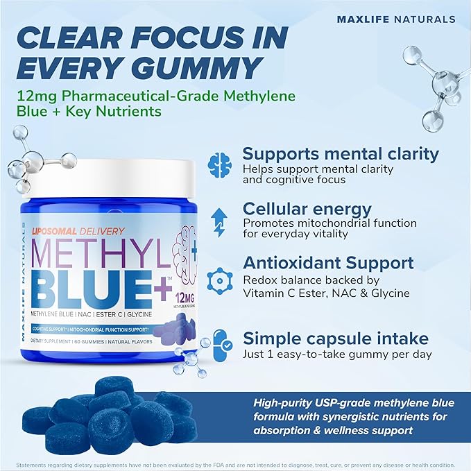 Pure Methylene Blue Pharmaceutical Grade Gummies - 60 Gummies 12mg Blue-Raspberry Flavor USA Made Liposomal Methylene Blue Chews with Vitamin C Ester &amp NAC Glycine for Brain Fuel &amp Mental Cl