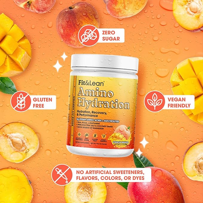 Fit&ampLean Amino Hydration Naturally Sweetened Workout Recovery Drink 6g Vegan Amino Acids Essential Amino Acids EAA BCAA Glutamine Electrolytes 30 Servings (30 Serve Peach Mango)