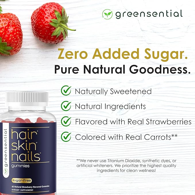 Sugar-Free Hair Skin &amp Nails Gummies - Complete Vitamin Complex w/Natural Ingredients - Fuller Hair Support - No Artificial Colors Natural Strawberry Flavor Made in USA 60 Ct