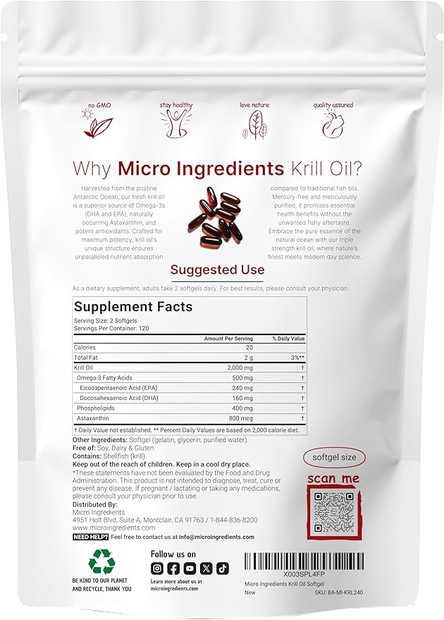 Micro Ingredients Antarctic Krill Oil Supplement 2000mg Per Serving 240 Softgels Triple Strength Rich in Omega-3s EPA DHA &amp Natural Astaxanthin Supports Immune System &amp Brain Health